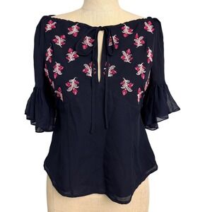 NEW Cinq a Sept‎ Daria Silk Top Navy Pink Floral Beaded Ruffle Sleeve XS
